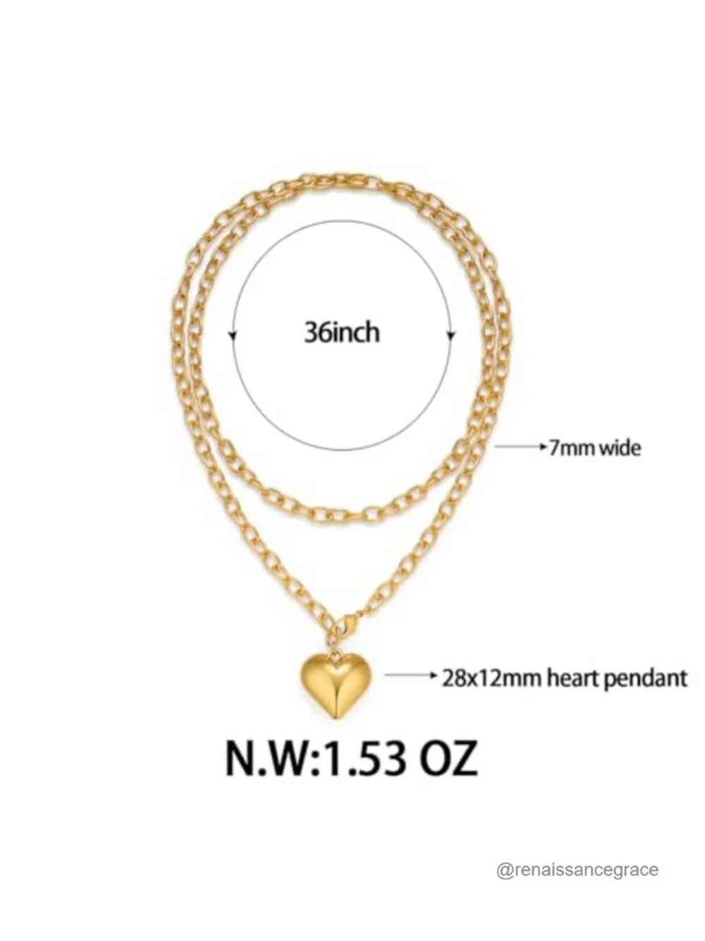 Layered Puffy Heart Pendant Necklace Gold Silver 7mm Cable Chain Lobster Clasp
